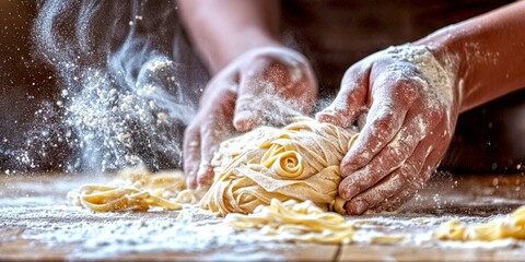 Wall Mural - Hands kneading fresh pasta dough on a wooden surface. The flour dust creates a warm atmosphere. Ideal for cooking blogs or culinary projects. Capture the art of homemade pasta. AI