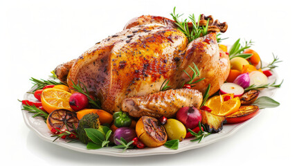 Crispy roast turkey with vegetables arranged in a traditional thanksgiving day, isolated on white  transparent background