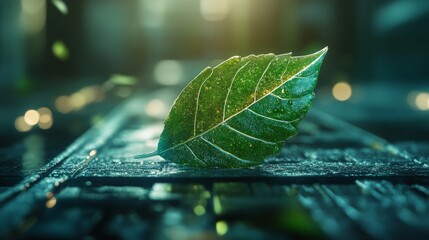 Sticker - Close-Up of Dewy Leaf in Sunlight