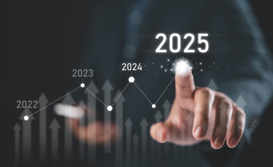 2025 business growth, new year marketing plan continue to increase return. Development to success and motivation in 2025, Planning, opportunity, challenge and business strategy in new year.