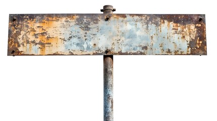 Weathered and rusty metal signboard mounted on two poles, cut out