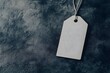 © PSCL RDL - Empty layout layout on grey background. Common blank label name tag hanging on neck with thread