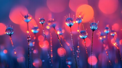 Wall Mural - Dew drops on grass with a pink and red bokeh background.