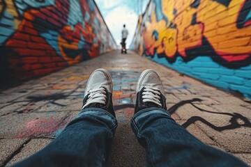 Feet of a person sitting on a sidewalk between two colorful graffiti walls.