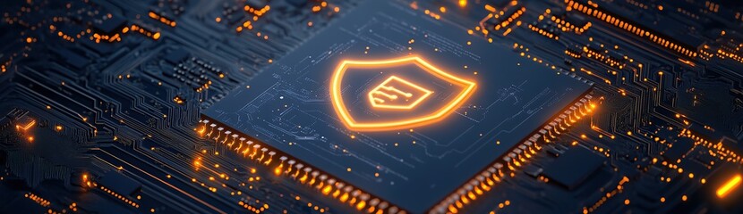 Wall Mural - A detailed and high-resolution photograph of an illuminated shield symbol on a computer chip