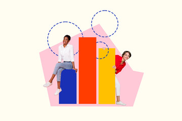 Composite photo collage of two happy businesswoman partners chart development concept teamwork success isolated on painted background