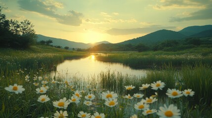 Poster - Sunset Over Serene River in Springtime