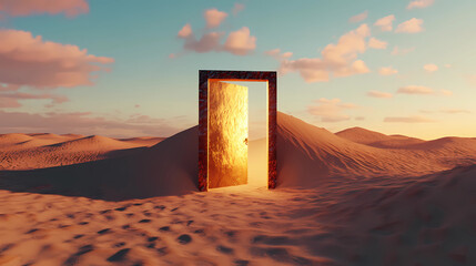 Wall Mural - opened door on desert. unknown and start up concept. this is a 3d illustration