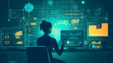 Woman Analyzing Data on Computer Monitors with Futuristic Interface
