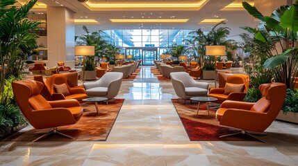 Wall Mural - Modern hotel lobby with comfortable seating and a view of the city.