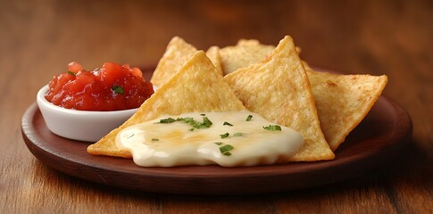 Wall Mural - A plate of crispy tortilla chips served with salsa and cheese dip.