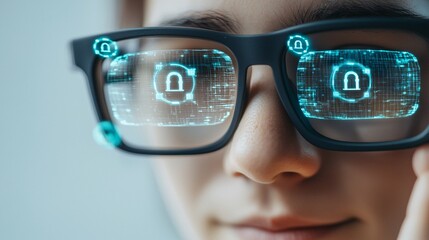 Wall Mural - a person wearing augmented reality (ar) glasses with visible digital encryption shields protecting t