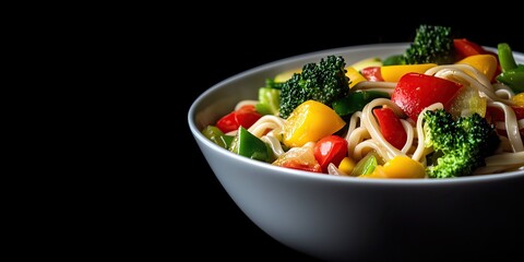 bowl of noodles with fresh vegetables copy space black background food photography