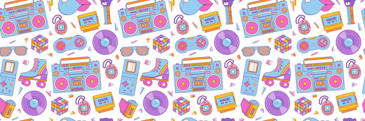 Canvas Print - seamless pattern colorful elements 80s 90s. bubble gum, roller skates, joystick and cassette. vector