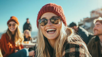 Cheerful Woman in Casual Outdoor Setting with Friends