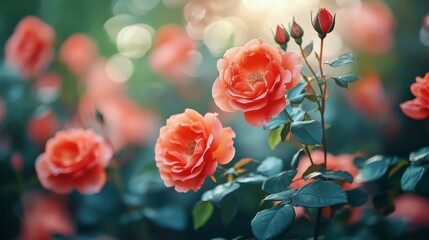 Canvas Print - Vibrant Coral Roses in Bloom