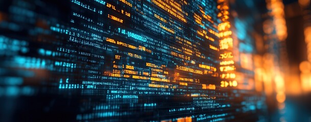 A blurred background of computer code, with a focus on the foreground displaying lines