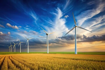 Minimalist image of wind turbines in field against sky