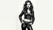 © MrBaks - Sexy brunette woman in a black leather jacket. Black and white image on white background. Pin-up style