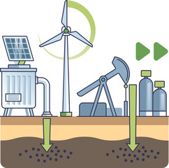 Illustration of carbon capture with solar panels, wind turbine, and storage tanks.