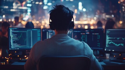 Wall Mural - An engineer works on his computer in an office room with colleagues while using a neural network. A male data scientist works on a PC in a big infrastructure control and monitoring room with a neural