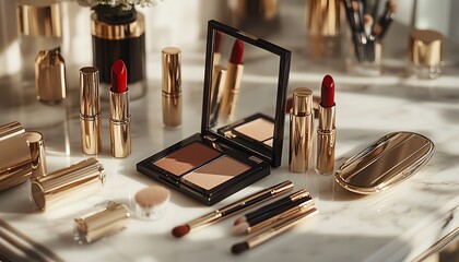 Closeup of luxurious cosmetics including various lipstick shades and powder makeup, beautifully arranged with makeup brushes and a mirror, showcasing beauty essentials