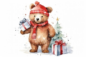 Canvas Print - Bear christmas toy white background.