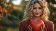 © Антон Сальников - A smiling blond Caucasian girl holds a red balloon in the shape of a heart and looks away against a space park background in a medium shot. High quality photo.