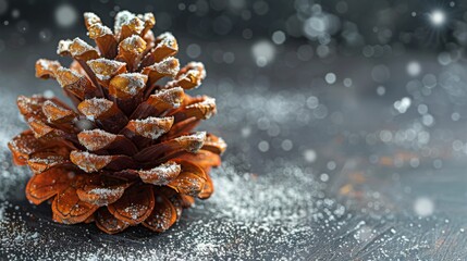 Wall Mural - Snow covered pine cone in a tranquil winter setting with soft bokeh lights glowing softly