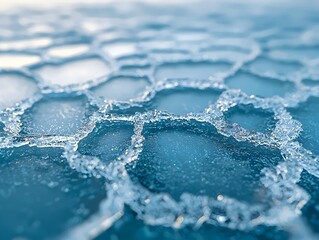 Wall Mural - Close-up of a frozen surface with an intricate pattern of ice crystals. The light reflects off the ice, creating a beautiful, abstract design.