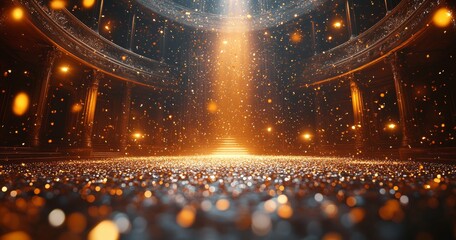 Poster - A golden confetti rain falls on a festive stage with a light beam in the middle. An empty room at night has copy space for an award ceremony, jubilee, party, or product presentation.