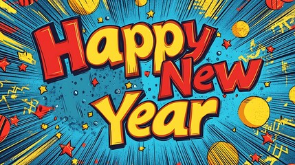 Poster - Happy New Year in bold comic book font, letters with bright primary colors like red, blue, and yellow, surrounded by action lines and comic-style speech bubbles,