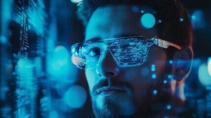 Futuristic male programmer engaged in coding, analyzing data on a server, exploring cyber security and trading, immersed in a holographic interface for investment insights