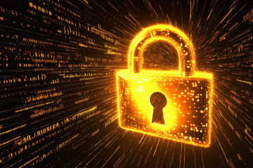 Wall Mural - gold padlock with keyhole digital icon on black background. personal data security and information p