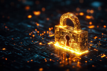Wall Mural - gold padlock with keyhole digital icon on black background. personal data security and information p