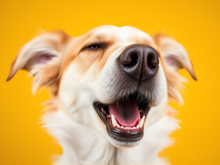 A joyful dog laughing against a bright yellow background, exuding happiness and playfulness.