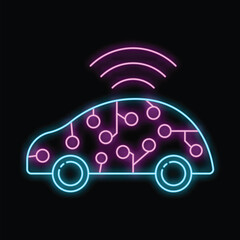 Poster - Neon icon of a smart car using a wireless network for communication and location is glowing on a black background