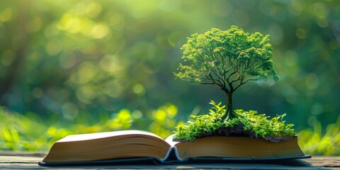 a tree growing from an open book, symbolizing knowledge, growth, and the connection between nature a