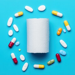 Colorful variety of pills and a roll of paper towel on a bright blue background, symbolizing health and wellness.