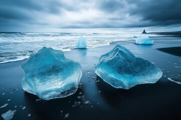 Icelandic black sand beach with large blue icebergs, long exposure photography, cinematic, hyper-realistic, dramatic lighting