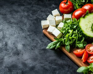 Fresh vegetables and cheese on a wooden board against a dark background, perfect for healthy recipes.