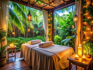 Tropical Spa Massage Room with Serene Bed and Relaxing Candles â€“ Tranquil Resort Ambiance for Wellness and Rejuvenation