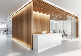 Modern office space with a white and wood color palette, a reception desk, glass walls for meeting rooms, light gray floors, wooden panels on the walls, and an ultra-realistic appearance.