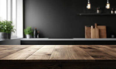 A beautiful, empty wooden tabletop counter in a clean and bright kitchen background, ready for a product display mockup