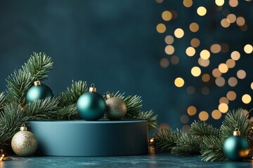 Poster - In the midst of Christmas decorations, a green round podium stands empty. A modern product display is displayed on the podium