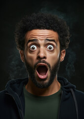 A man with a surprised look, eyes wide and mouth open