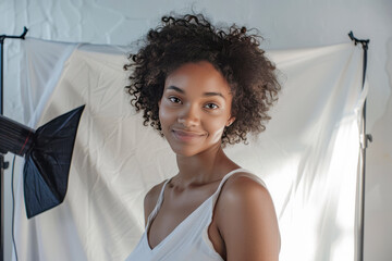 Smiling young woman posing in a professional studio with soft lighting and a white backdrop