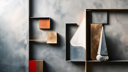 Wall Mural - Abstract geometric shapes in different colors and textures on a grey background.