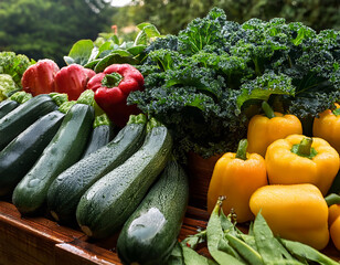 Freshly picked zucchini, kale, bell peppers, and other vegetables glistening with water droplets after being washed and displayed at a local farmers market