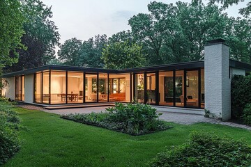 A modern house with glass and white brick, featuring minimalist architecture, captured in the evening light